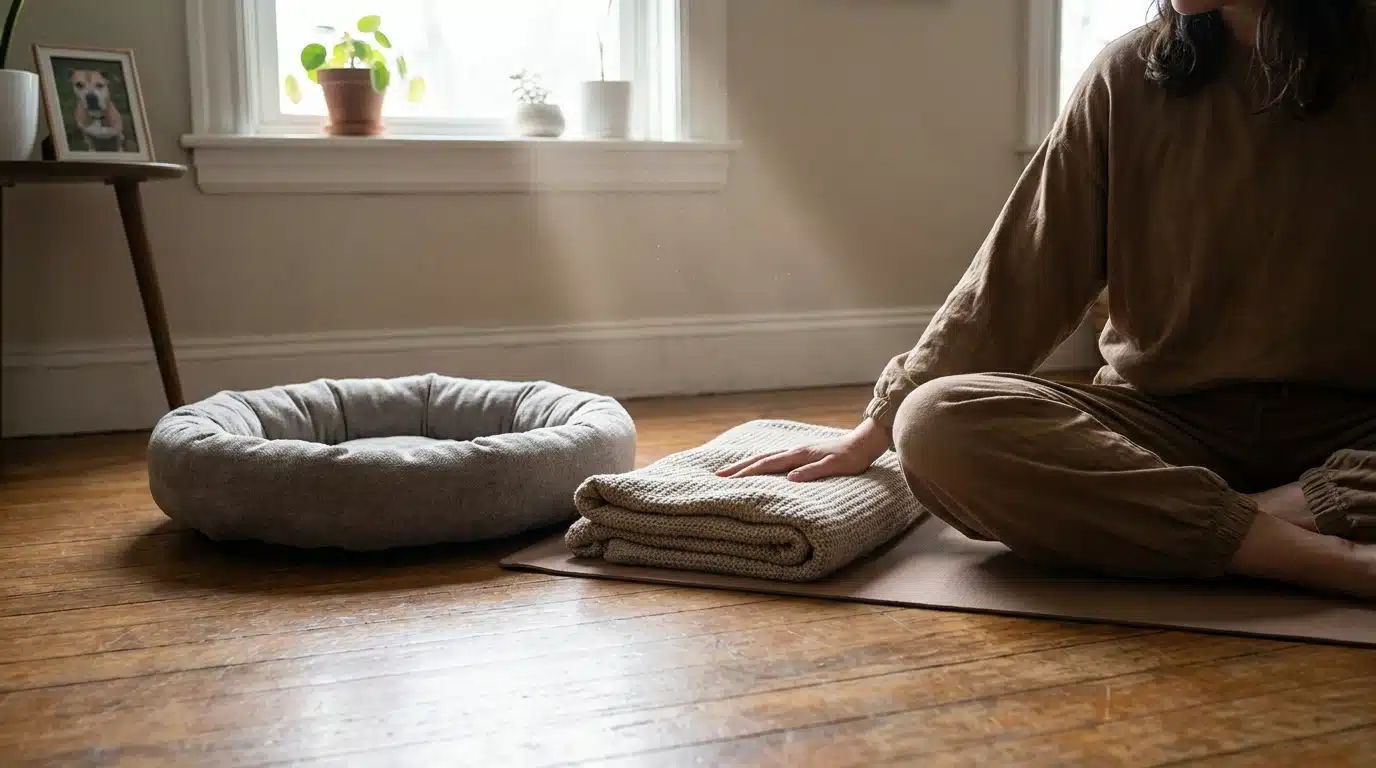 A person resting beside a soft pet blanket during a quiet yoga practice