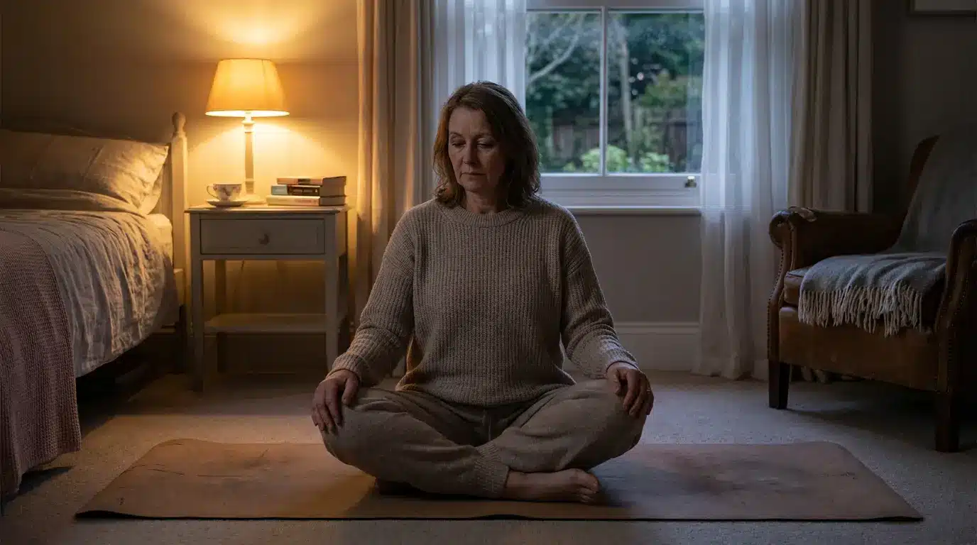 A person sitting on a yoga mat with hands on chest in soft window light