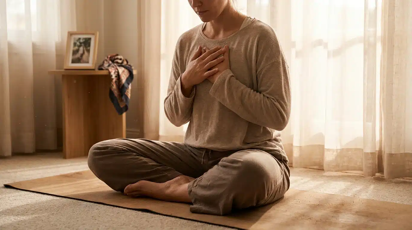 A person sitting quietly on a yoga mat with a memory item nearby in soft morning light
