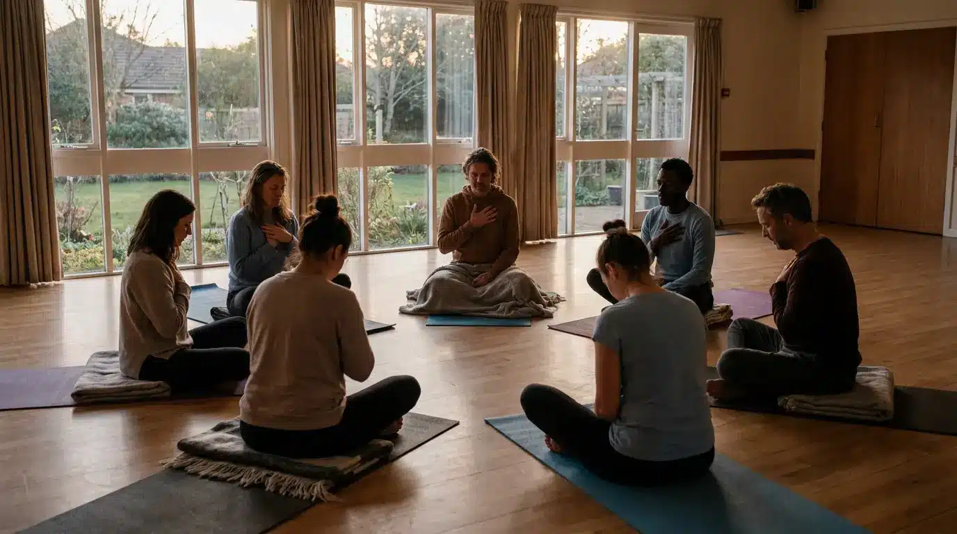 A small group sitting together in quiet yoga practice for shared grief