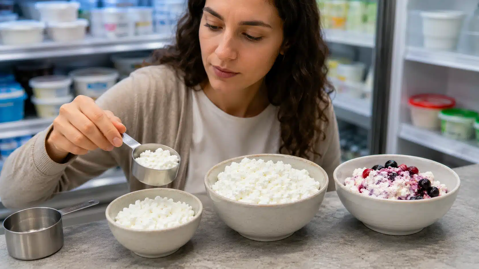 Adult comparing plain and fruit cottage cheese servings with a measuring cup to show carb differences by type