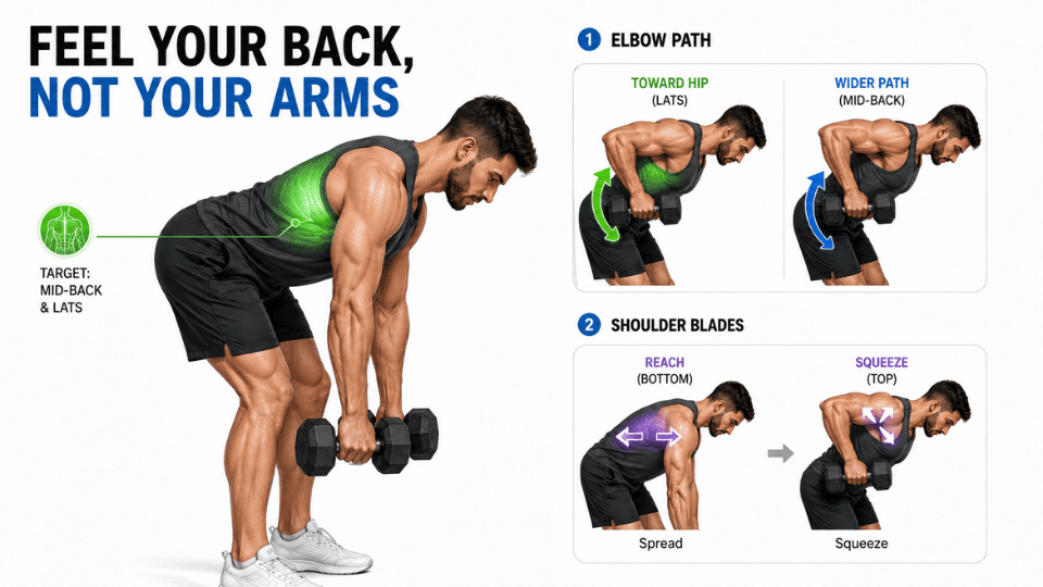 form cues for a back workout with dumbbells showing elbow path to target lats and mid back better