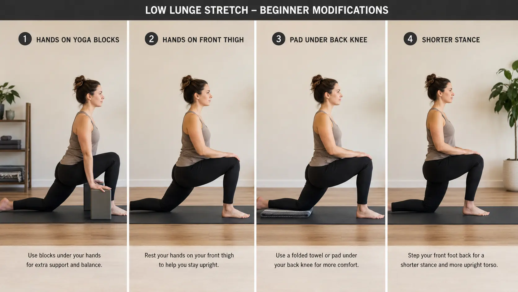 beginner-friendly low lunge stretch options, including hands on blocks, hands on the front thigh, padding under the back knee, and a shorter upright stance.