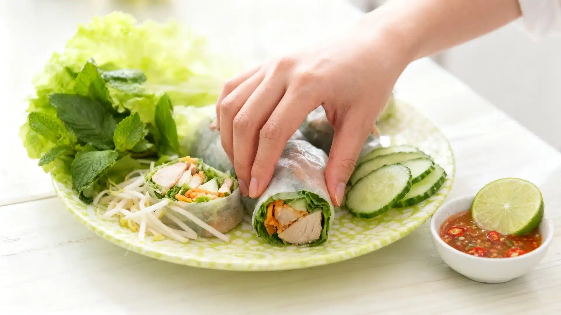chicken and herb fresh spring rolls with lettuce cucumber mint and lime chili dipping sauce