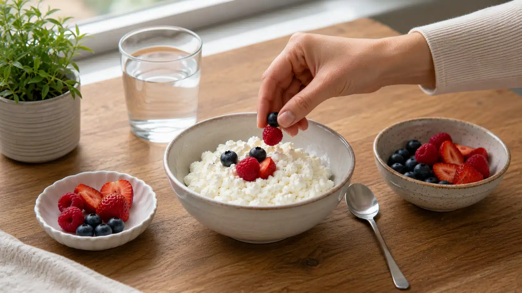 Cottage cheese with a small berry portion showing lower-carb sweetness for tracked snacks