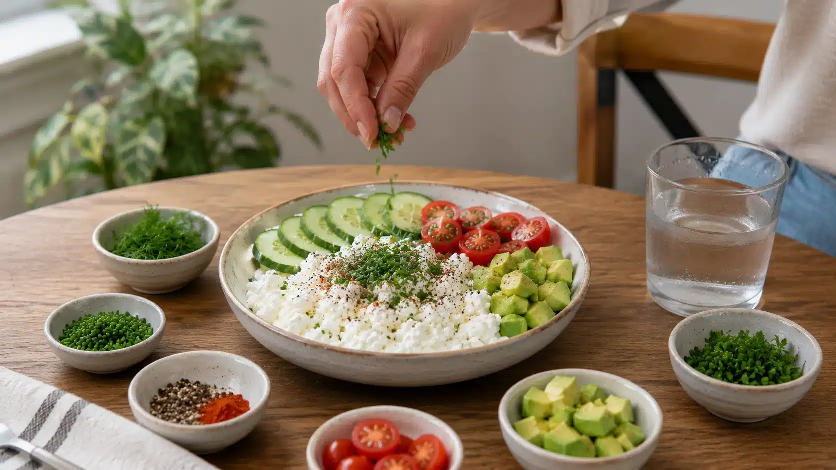 Cottage cheese with cucumber, tomatoes, avocado, and herbs showing lower-carb savory topping choices