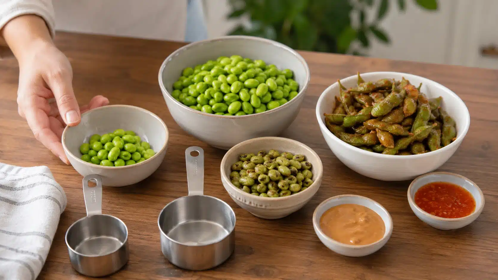 edamame servings with measuring cups showing plain roasted and sauced options for net carb comparison