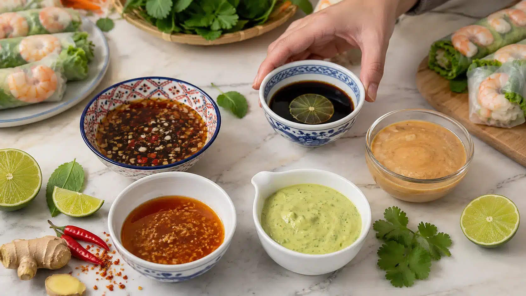 five healthy dipping sauces for spring rolls shown in small bowls with fresh ingredients
