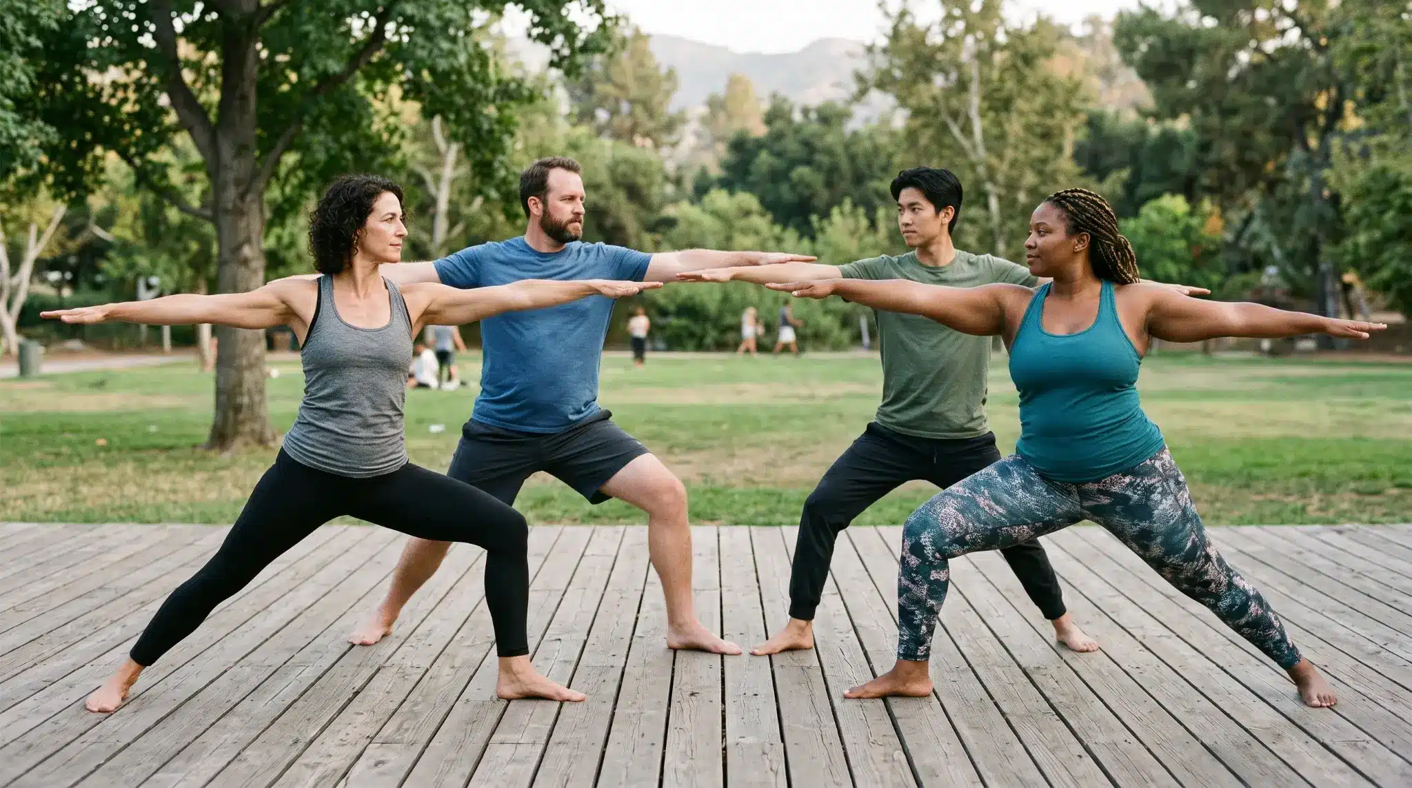 four adults standing in a circle facing outward in warrior two pose with arms extended