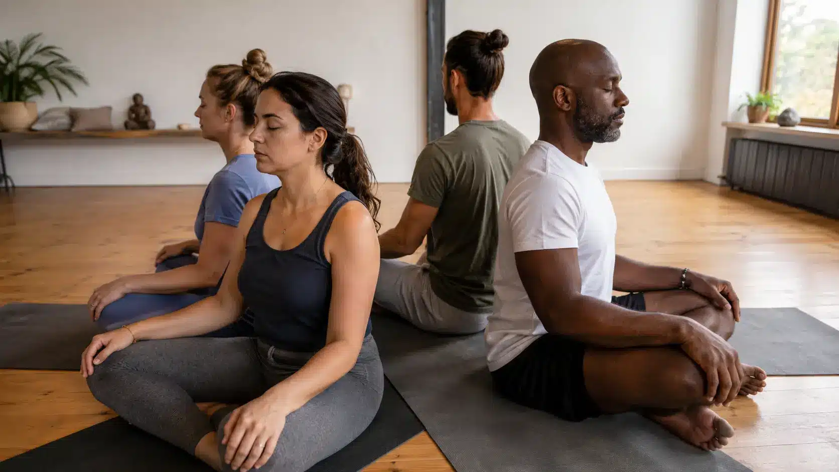 four people sit back to back in a square shape and breathe calmly during group yoga