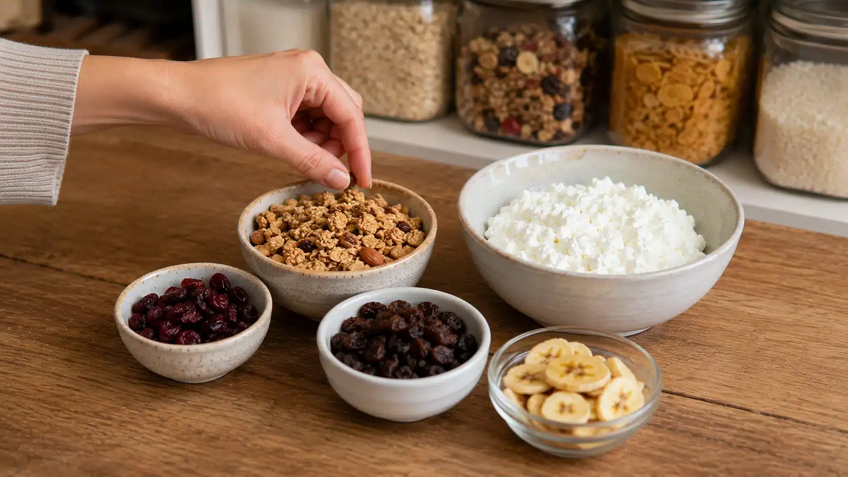 Granola and dried fruit beside cottage cheese showing higher-carb toppings that need portion control