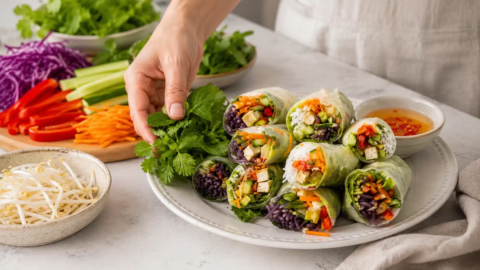 high fiber veggie spring rolls with cabbage carrots cucumber herbs and light vinegar chili dip