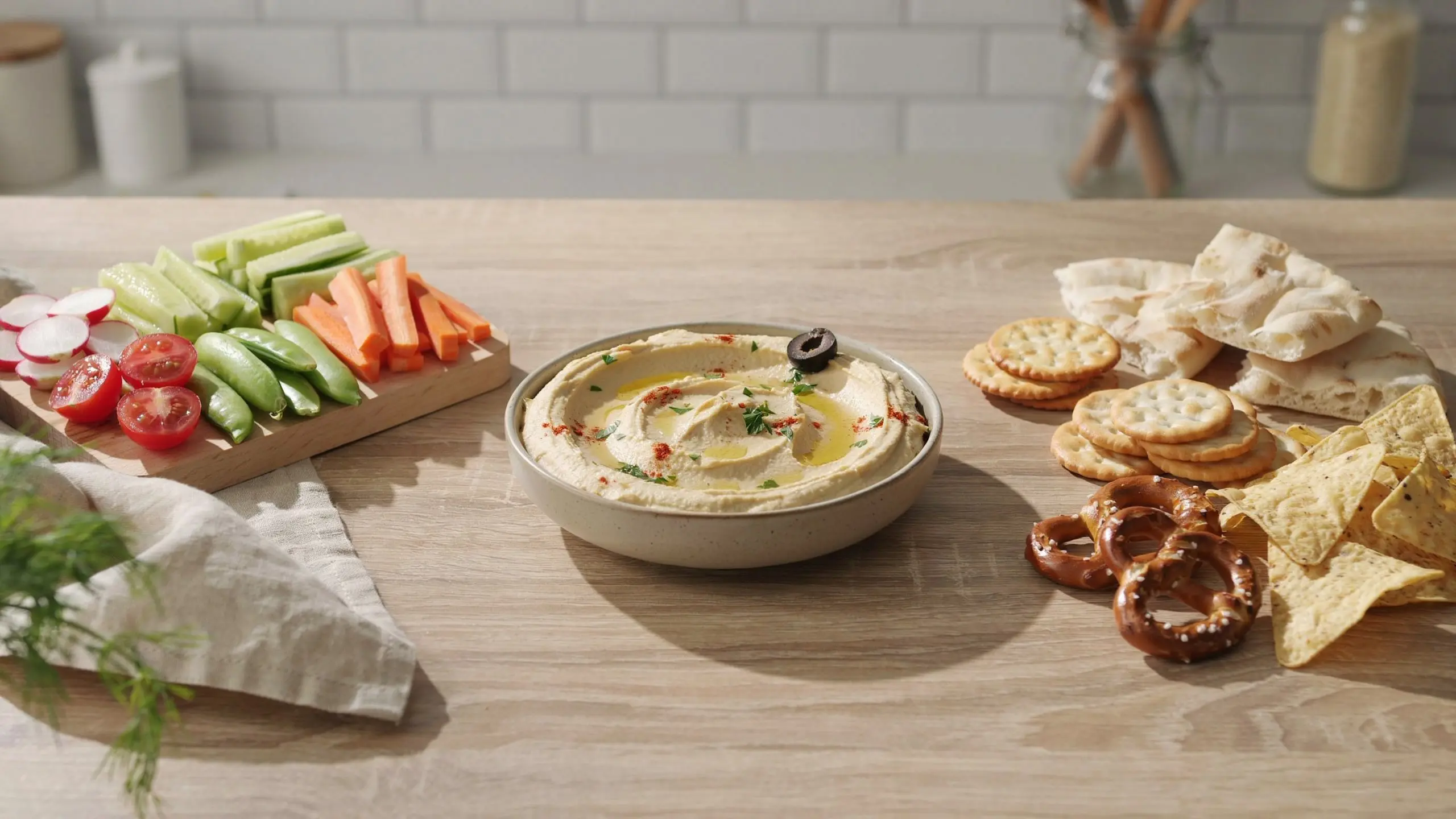 hummus beside low carb vegetables and high carb dippers for keto comparison