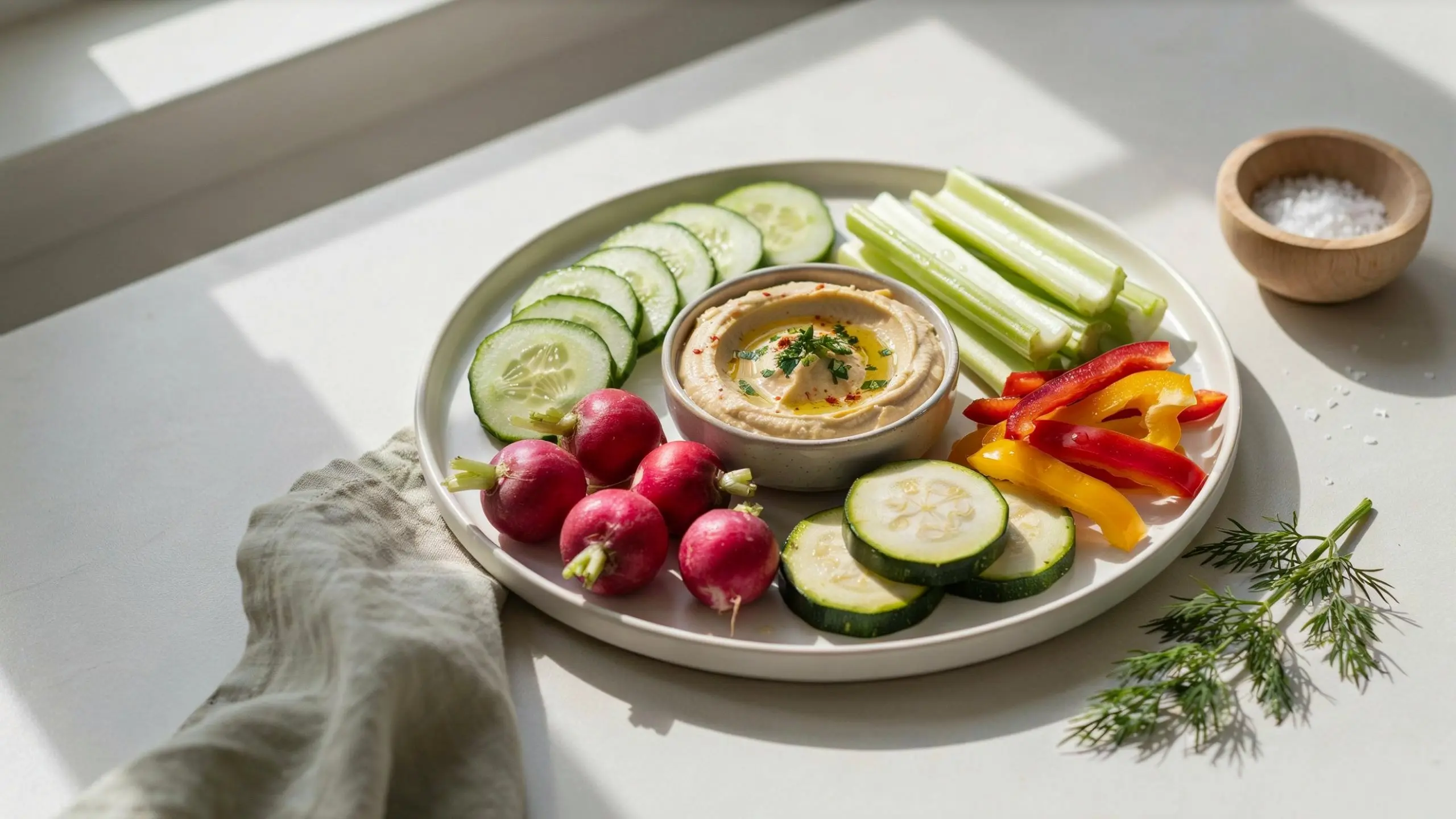 hummus with low carb vegetables on a bright fresh keto snack plate