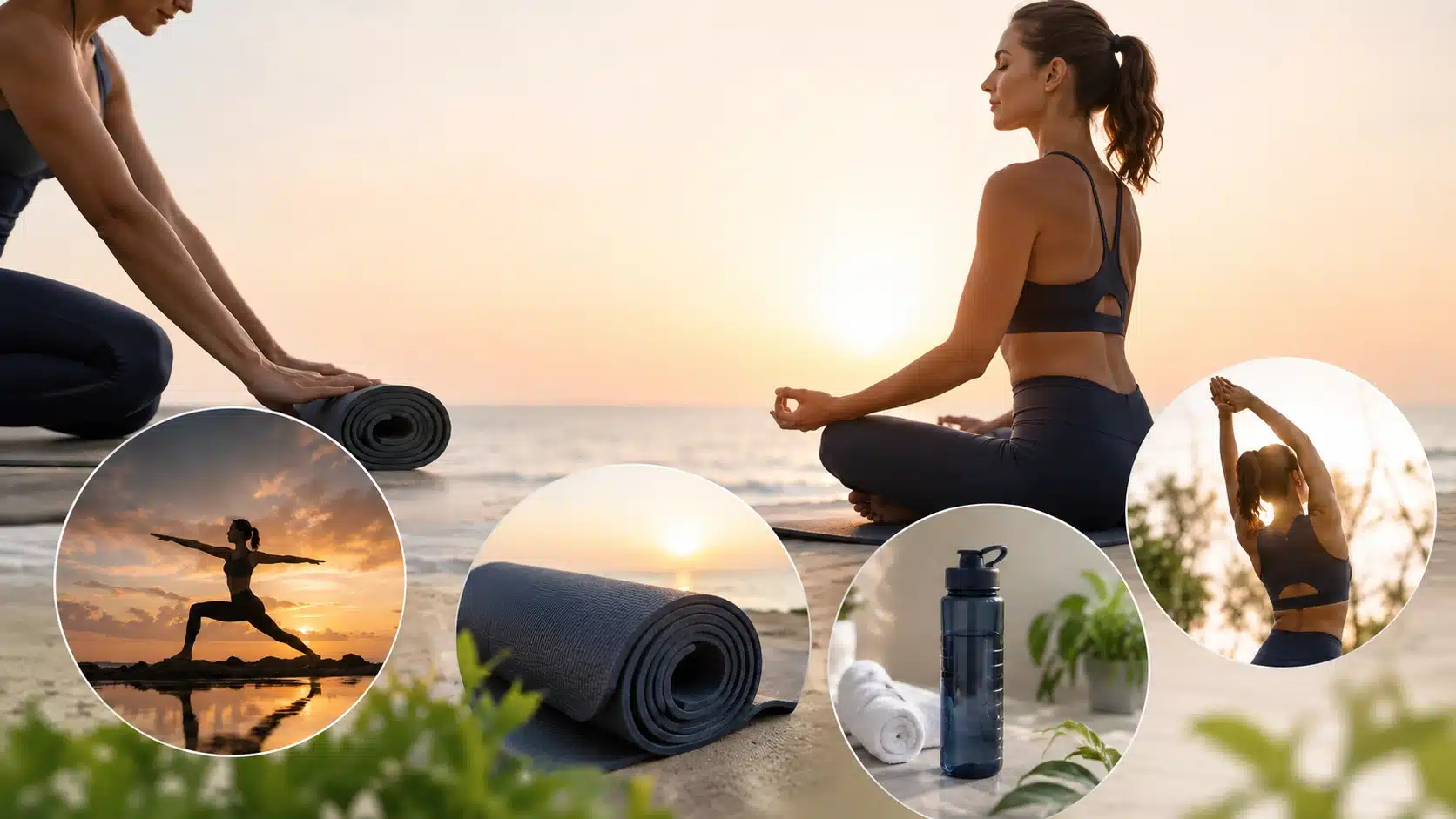 yoga mat, water bottle, and calm seaside practice scene suggest mindful movement and breath