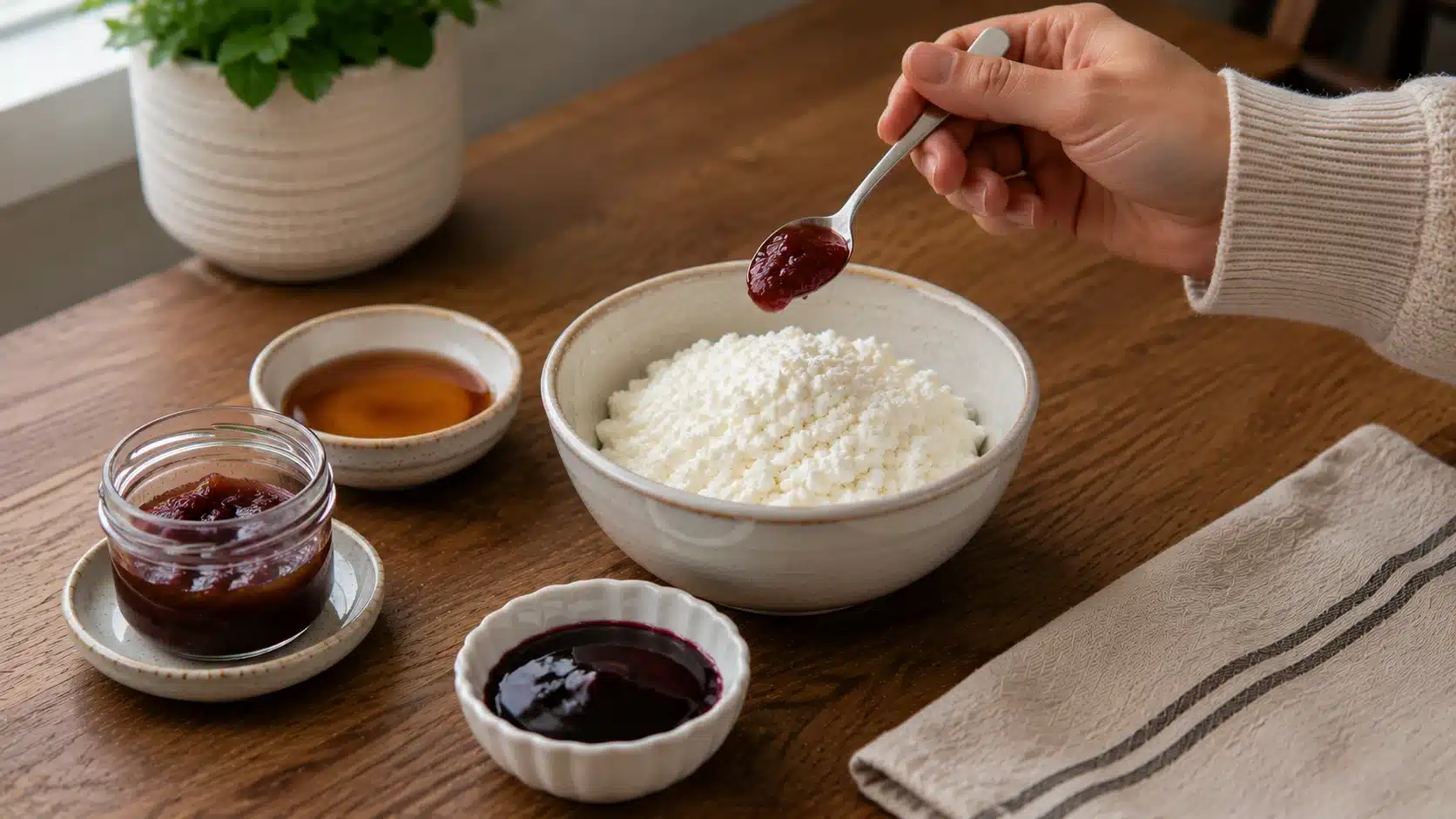 Jam, syrup, and sweet sauce beside cottage cheese showing toppings that can raise carbs quickly