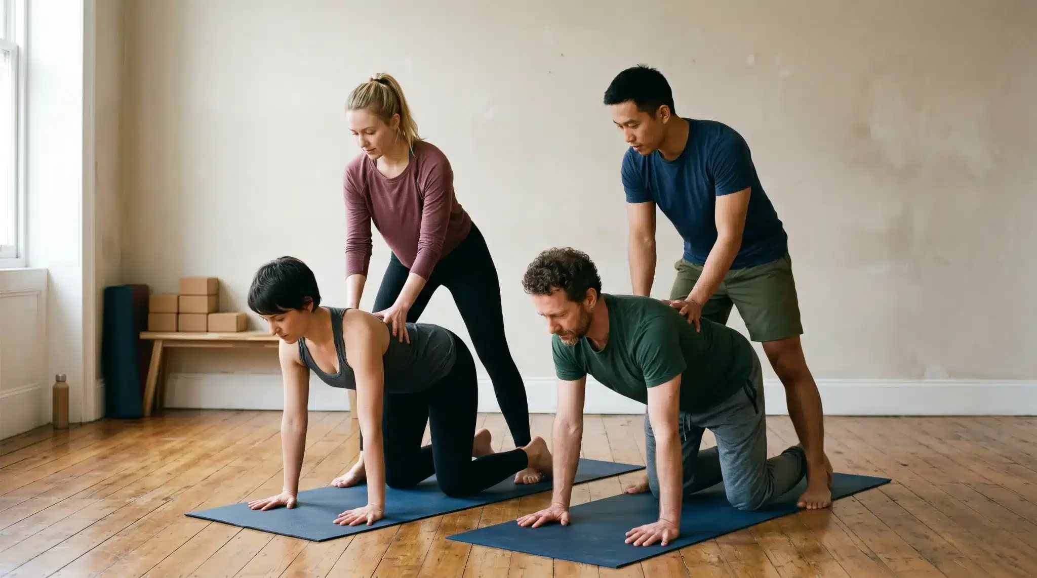 four people forming a low pyramid pose close to the ground in a group yoga session