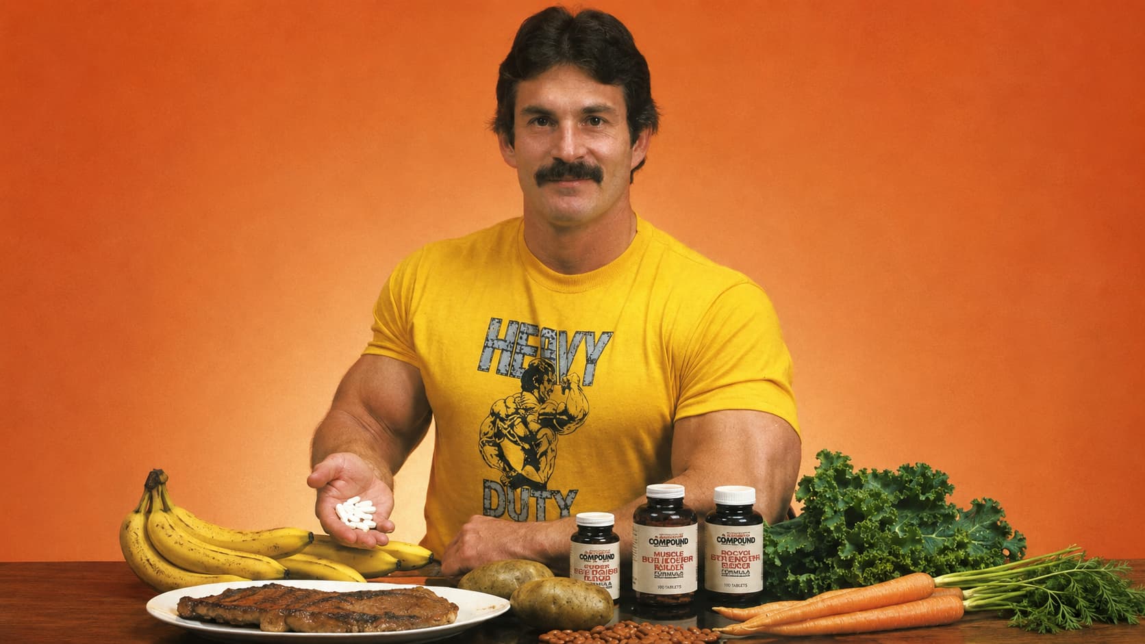 Mike Mentzer-style bodybuilder with bodybuilding foods, supplements, and nutrition items on a table.