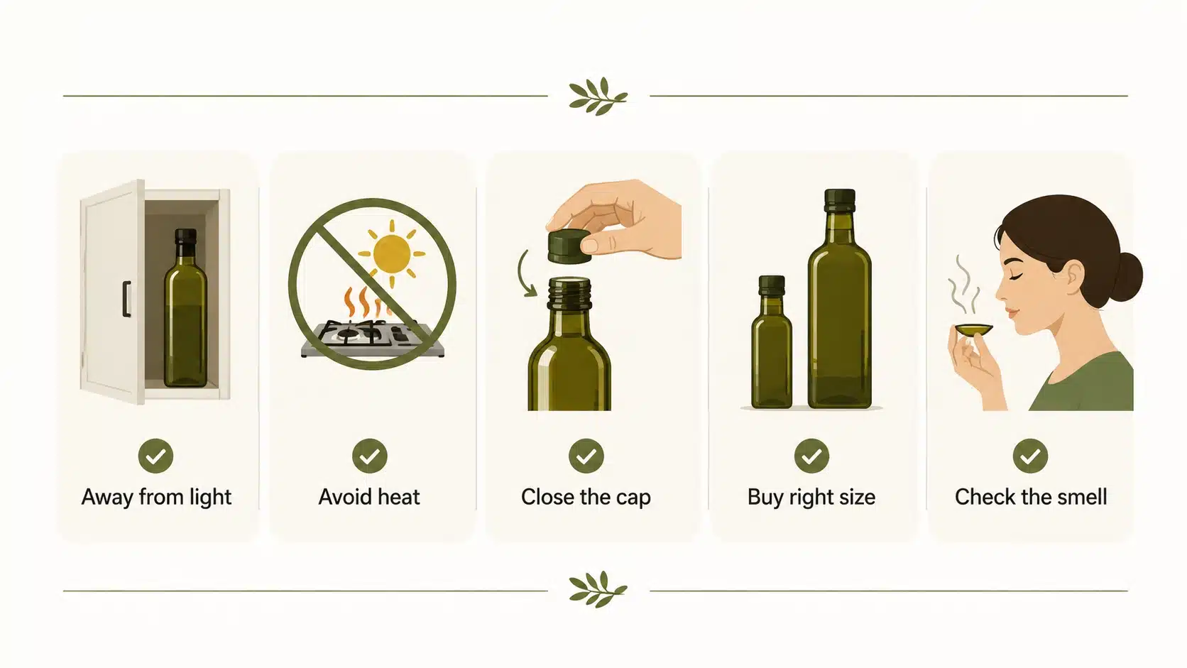 olive oil storage infographic with light heat cap size and smell tips for keeping oil fresh