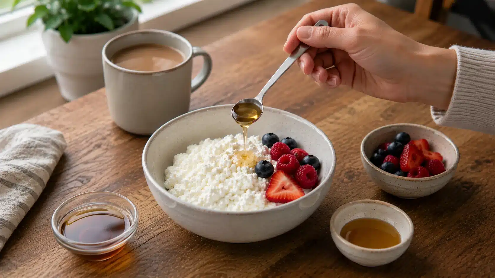 Person measuring honey beside cottage cheese and berries to show how sweeteners add carbs