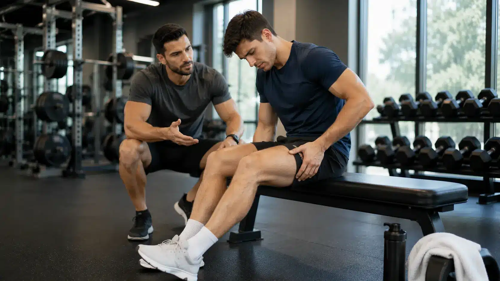 person pausing hamstring training while a coach checks form and safety