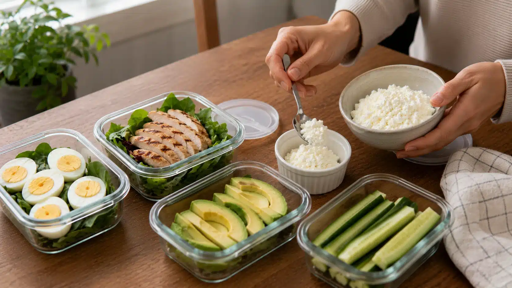 Person portioning plain cottage cheese into low-carb meal prep containers with eggs, greens, and avocado