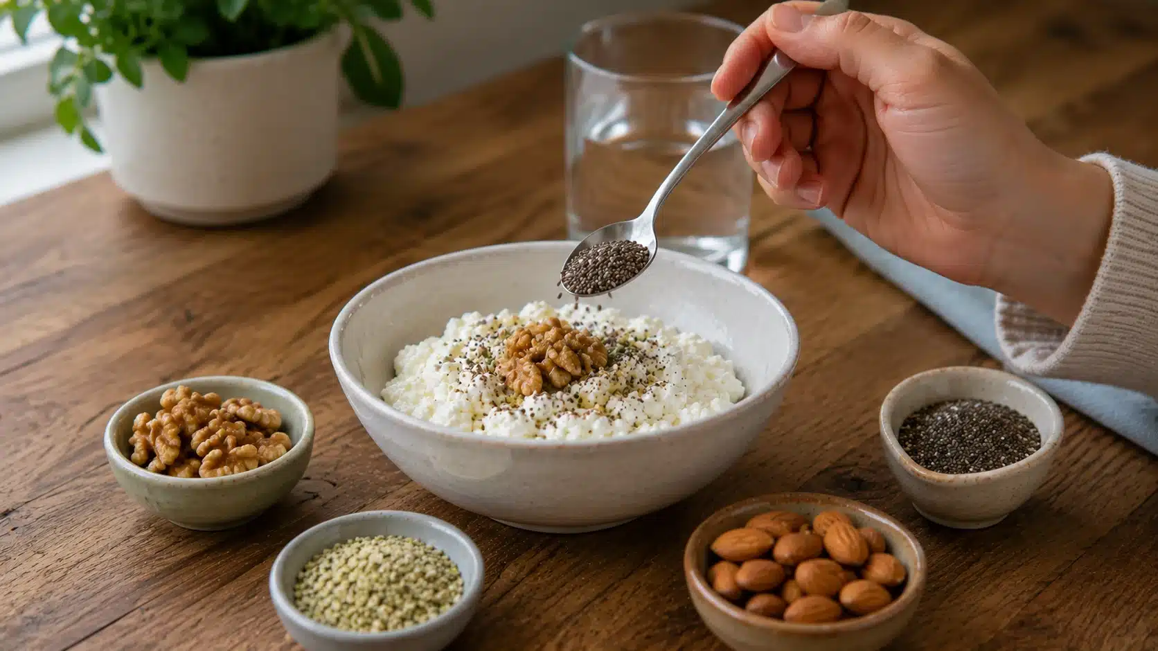 Plain cottage cheese with chia seeds, hemp seeds, walnuts, and almonds showing low-carb topping choices