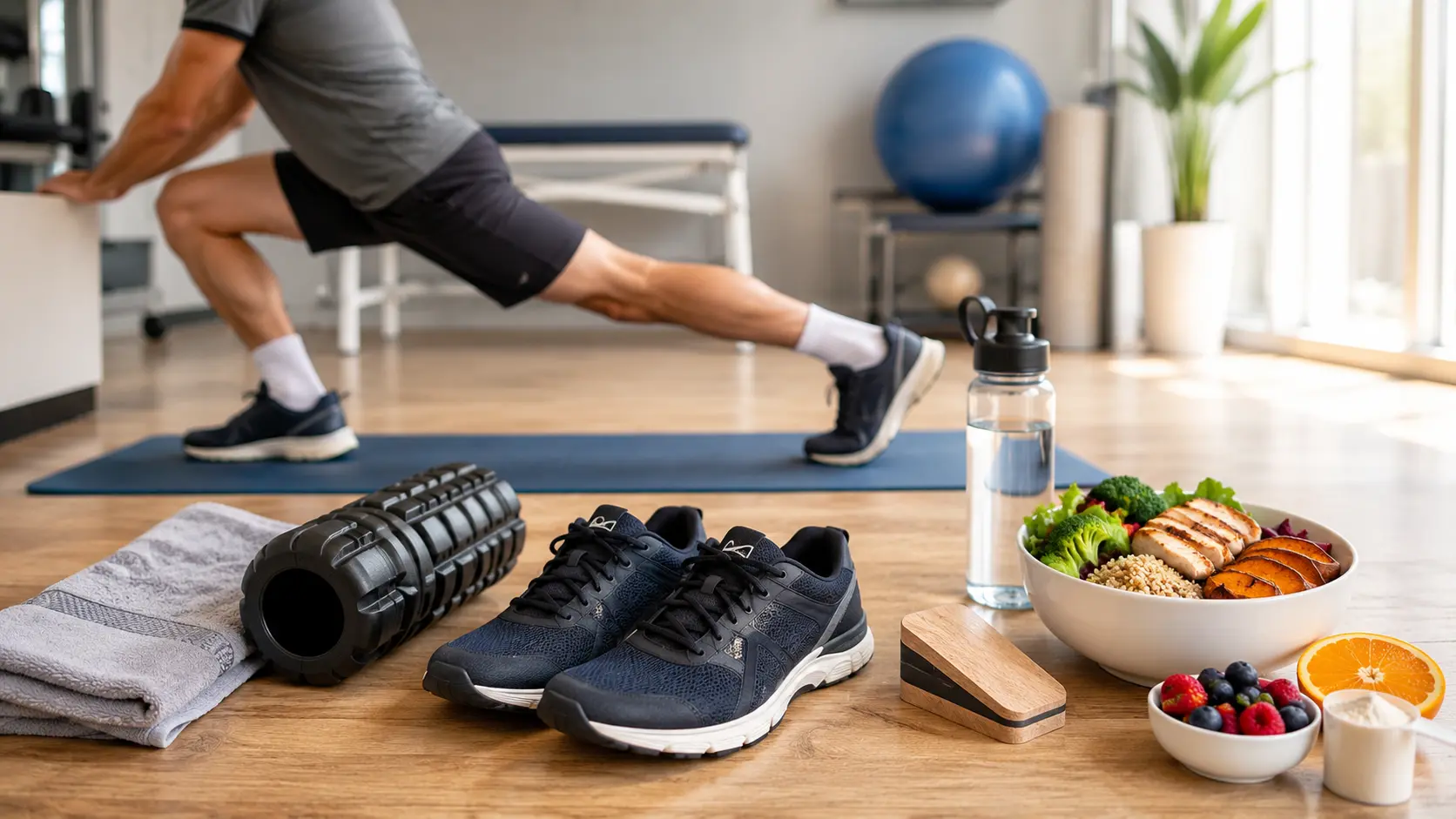 Rehab support items including shoes, foam roller, healthy food, and calf stretching