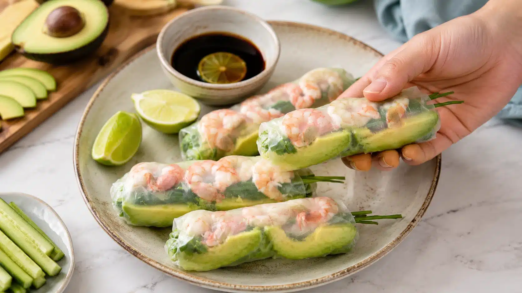 shrimp and avocado summer rolls with cucumber lime and light dipping sauce on a kitchen counter