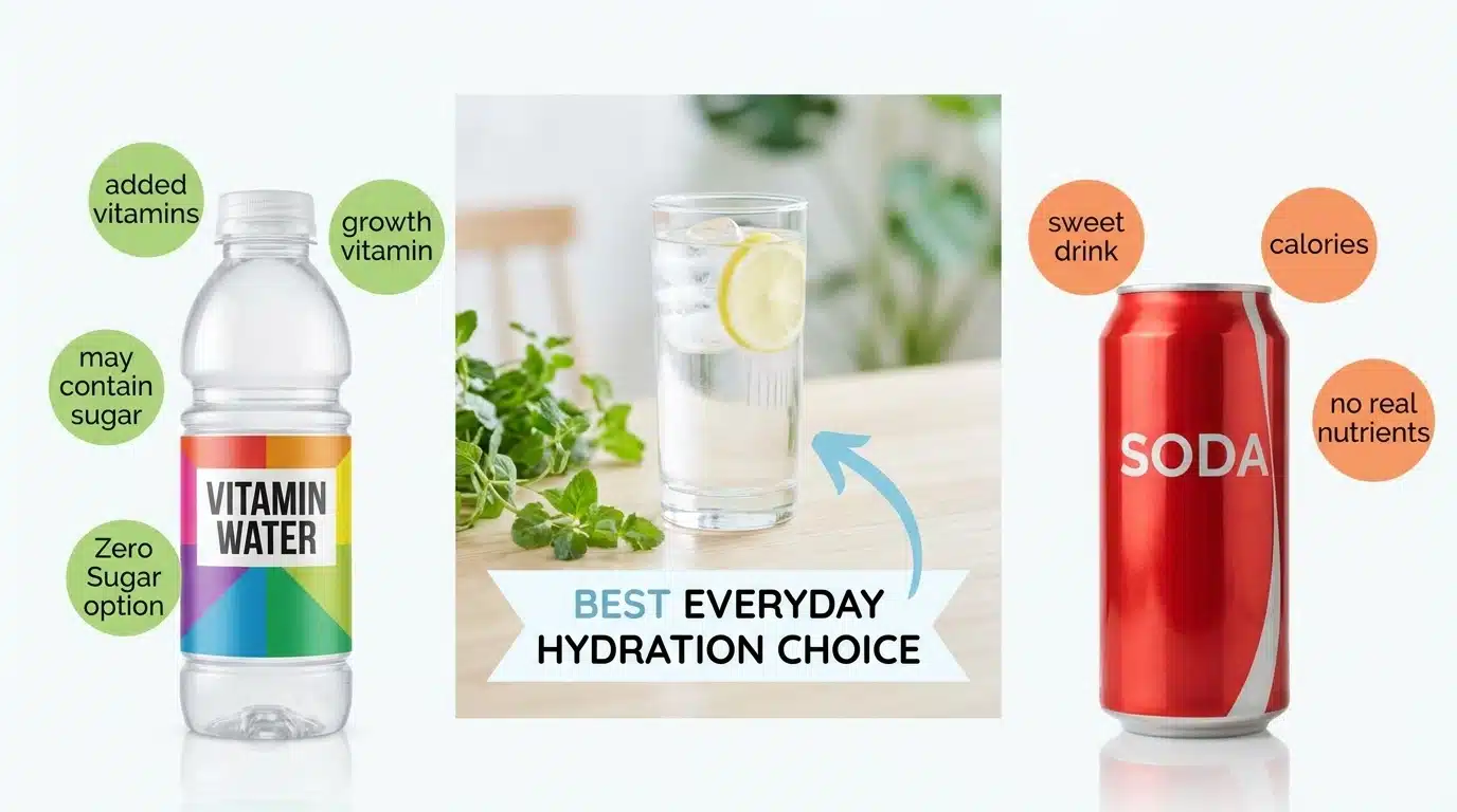 side-by-side image comparing Vitamin Water and soda, with plain water shown as the better everyday drink for simple hydration.