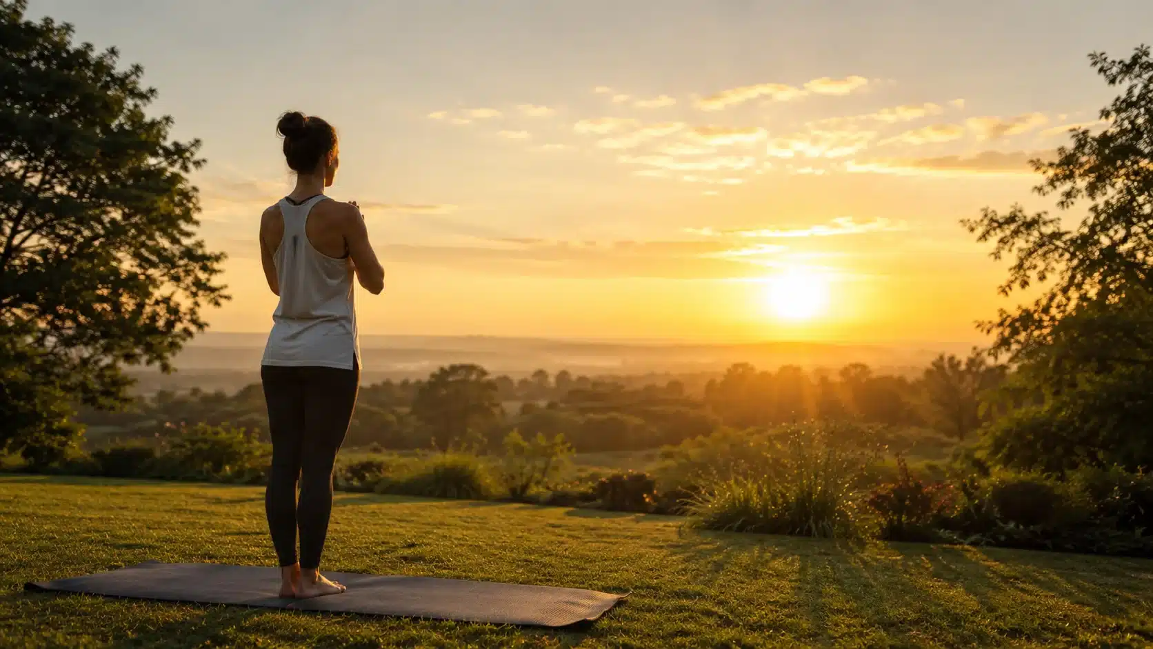 woman stands on a mat facing sunrise over a quiet green garden in soft light