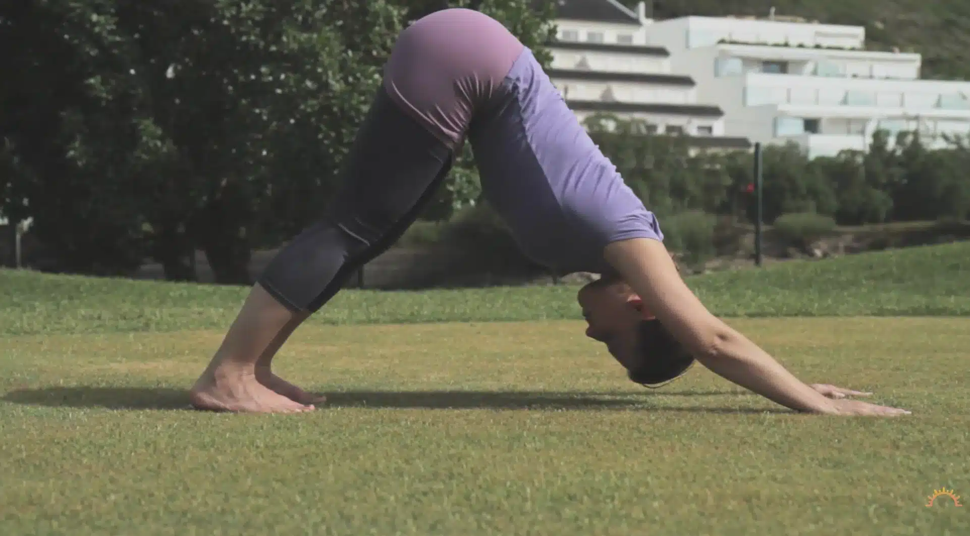 woman holds downward dog outdoors with hands and feet grounded on grass
