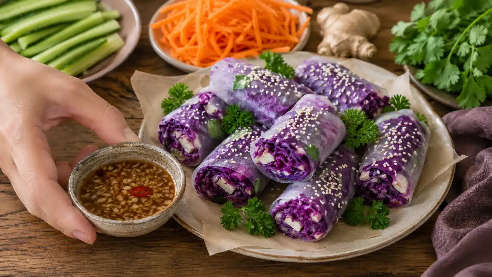 tofu and purple cabbage spring rolls with carrots cucumber cilantro and ginger soy sauce