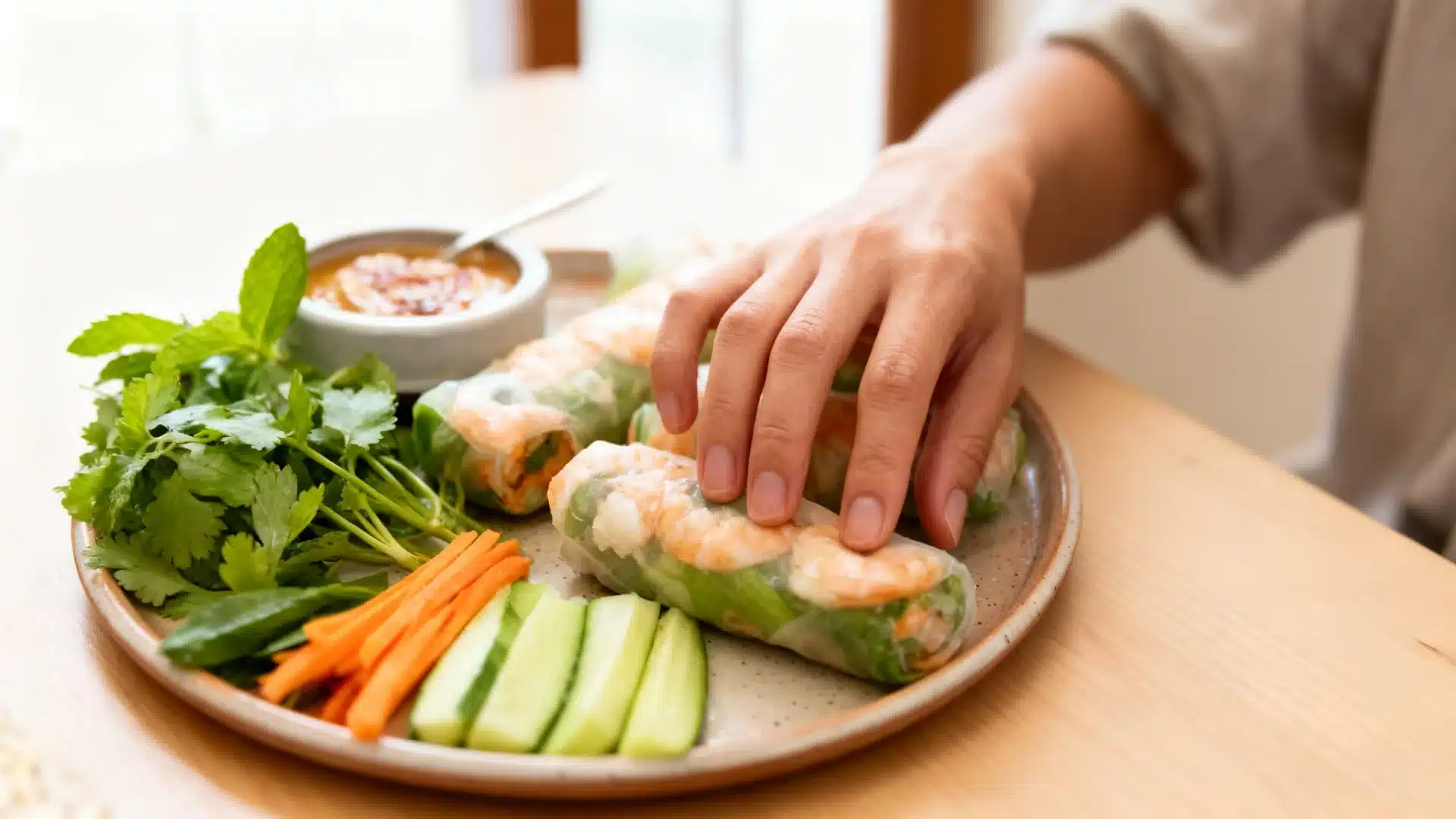 vietnamese fresh spring rolls with shrimp herbs vegetables and dipping sauce on a dining table