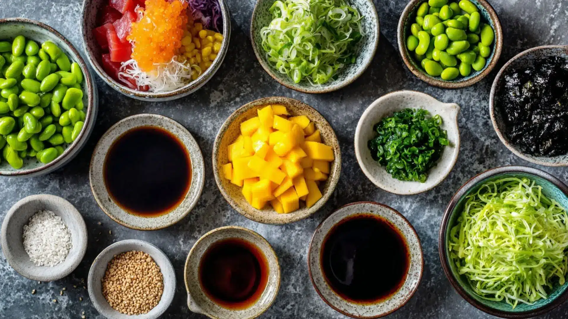 assorted poke bowl toppings and sauces including edamame, mango, seaweed, scallions, sesame seeds, and soy sauce