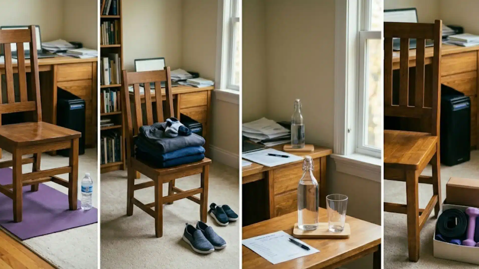 four-panel guide showing the essential setup, clothing, water, and optional props needed to begin a chair yoga routine
