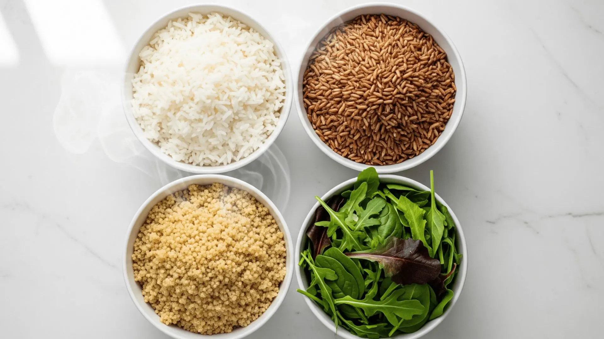 four poke bowl base options in bowls, including white rice, brown rice, quinoa, and mixed salad greens
