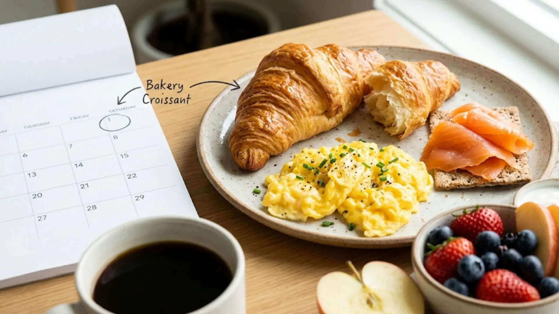 golden, flaky bakery croissant sits on a plate beside scrambled eggs, smoked salmon, and fresh fruit bowls