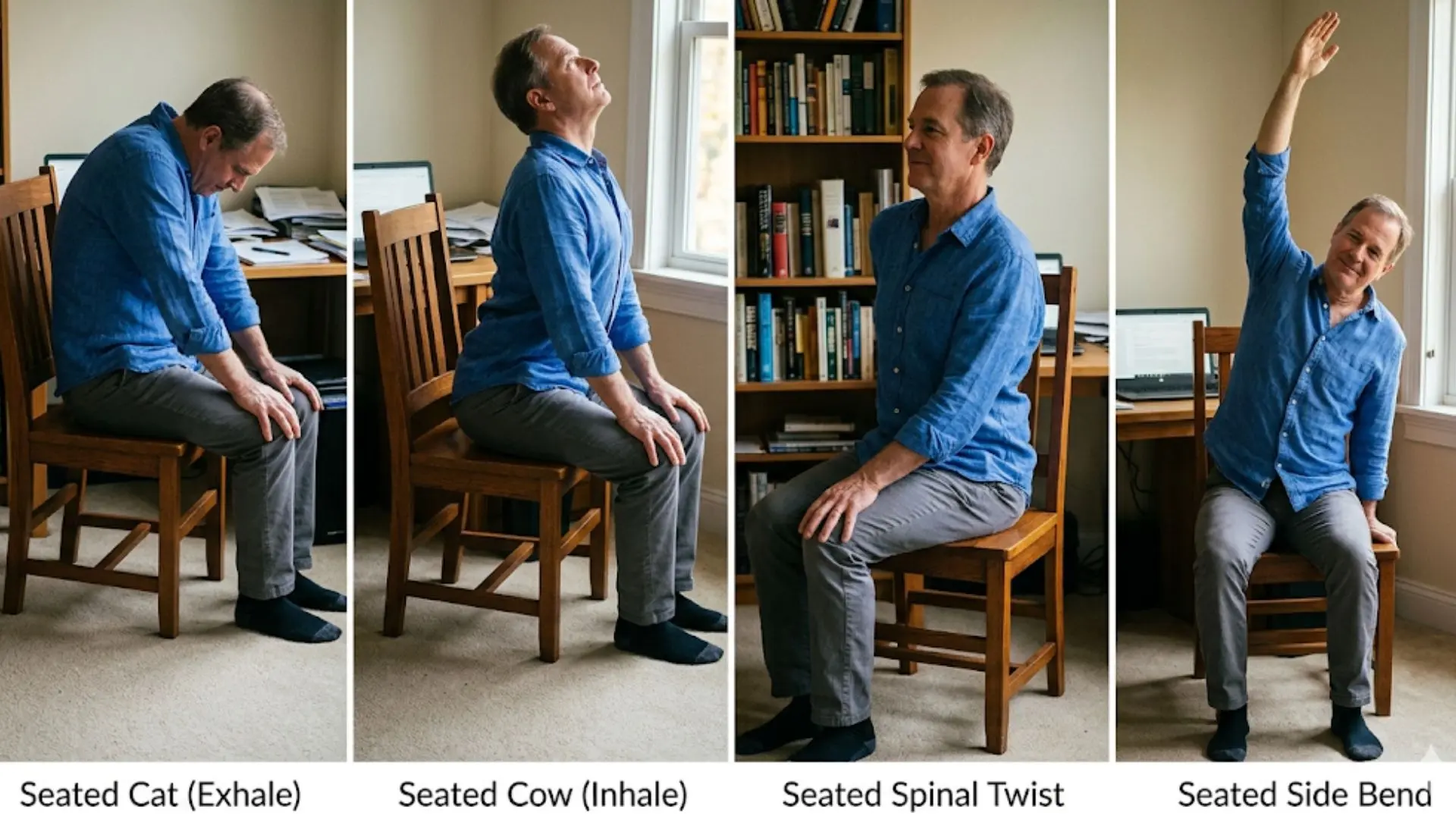 man demonstrates four chair-based stretching exercises, seated cat, seated cow, spinal twist, and side bend, in a room