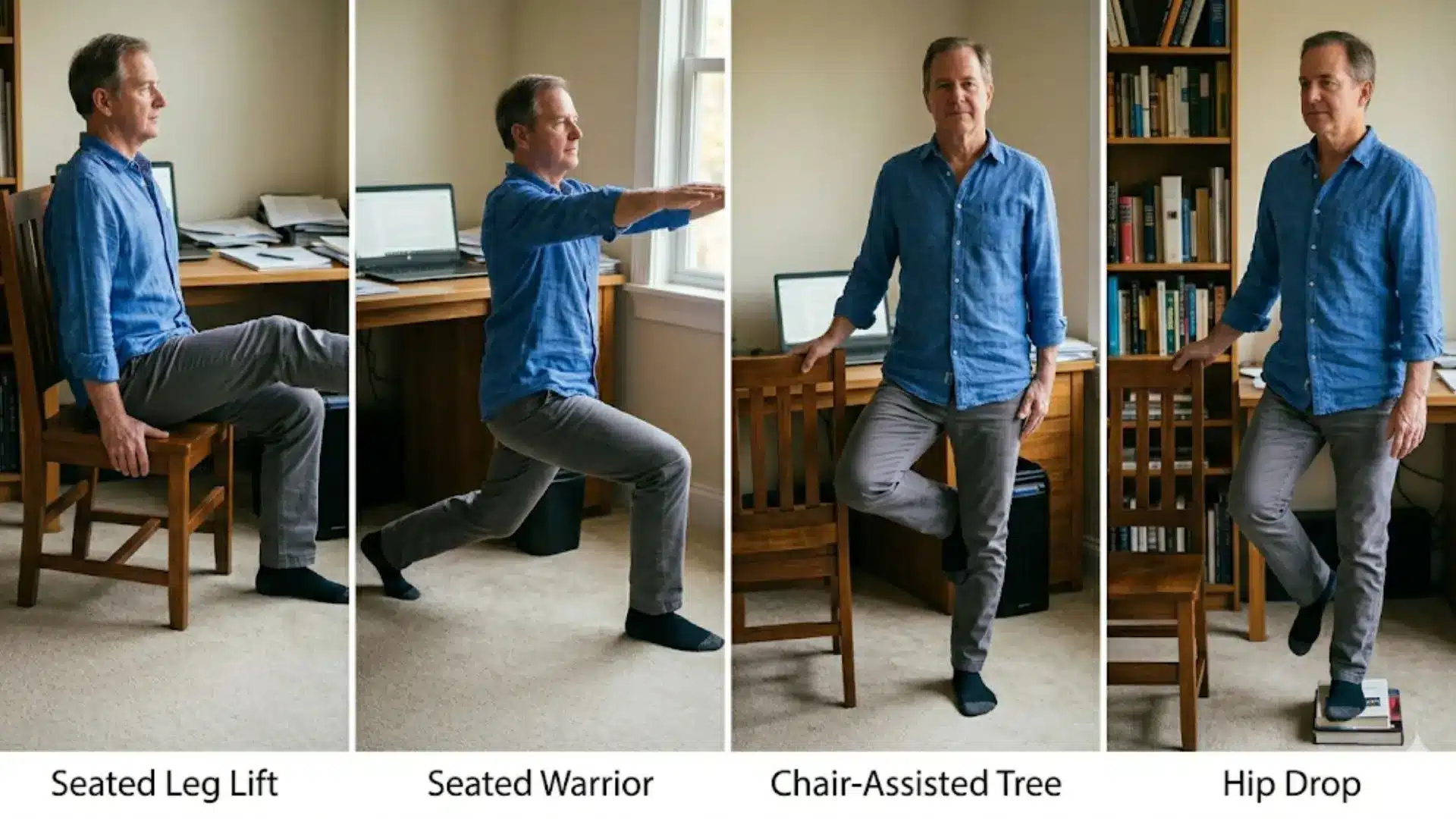 man demonstrates four lower-body exercises, seated leg lift, seated warrior, chair-assisted tree, and hip drop, using a chair
