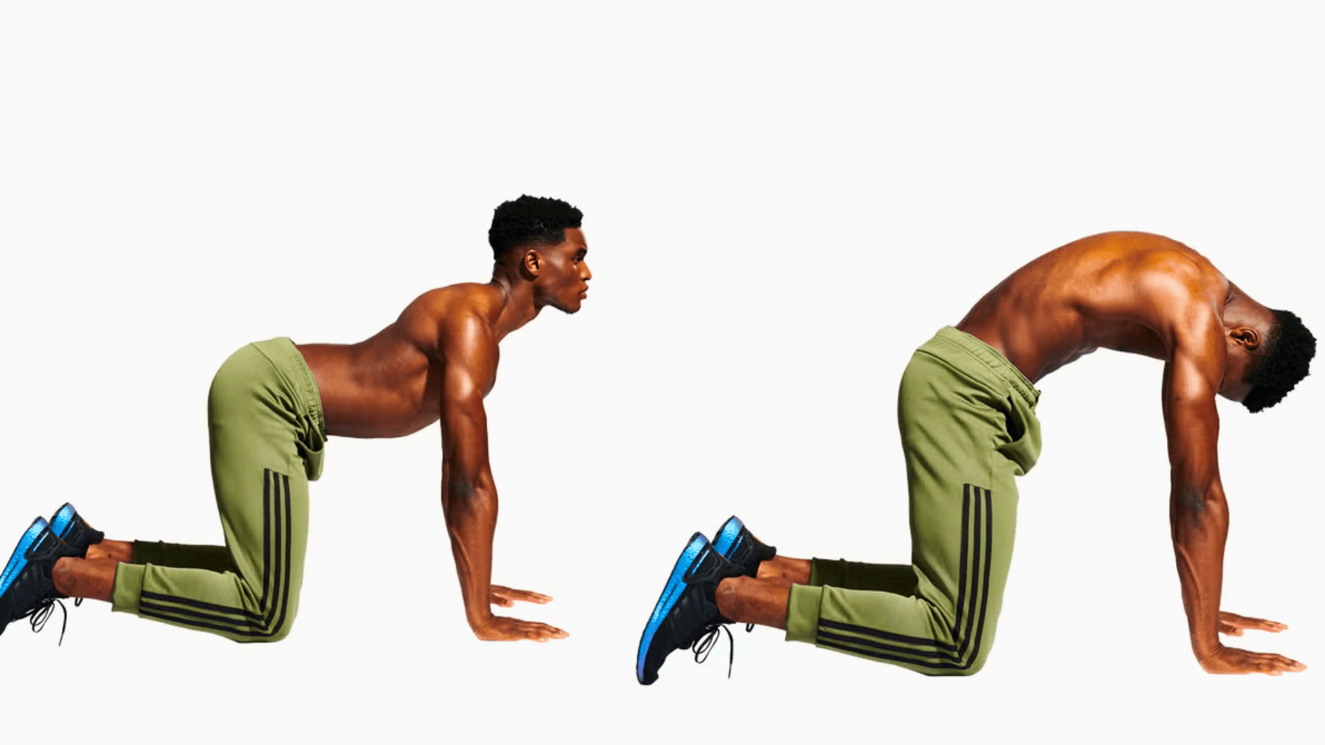 man demonstrating cat cow stretch positions on hands and knees with arched and rounded spine