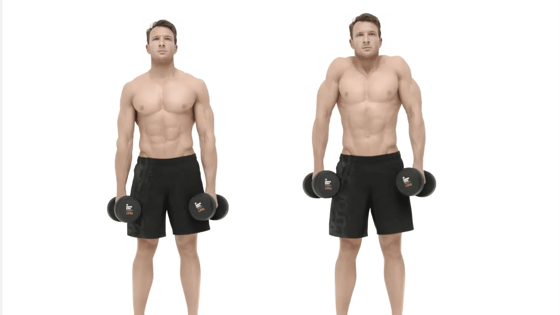 man demonstrating dumbbell shoulder shrugs from front view with arms straight and shoulders lifted