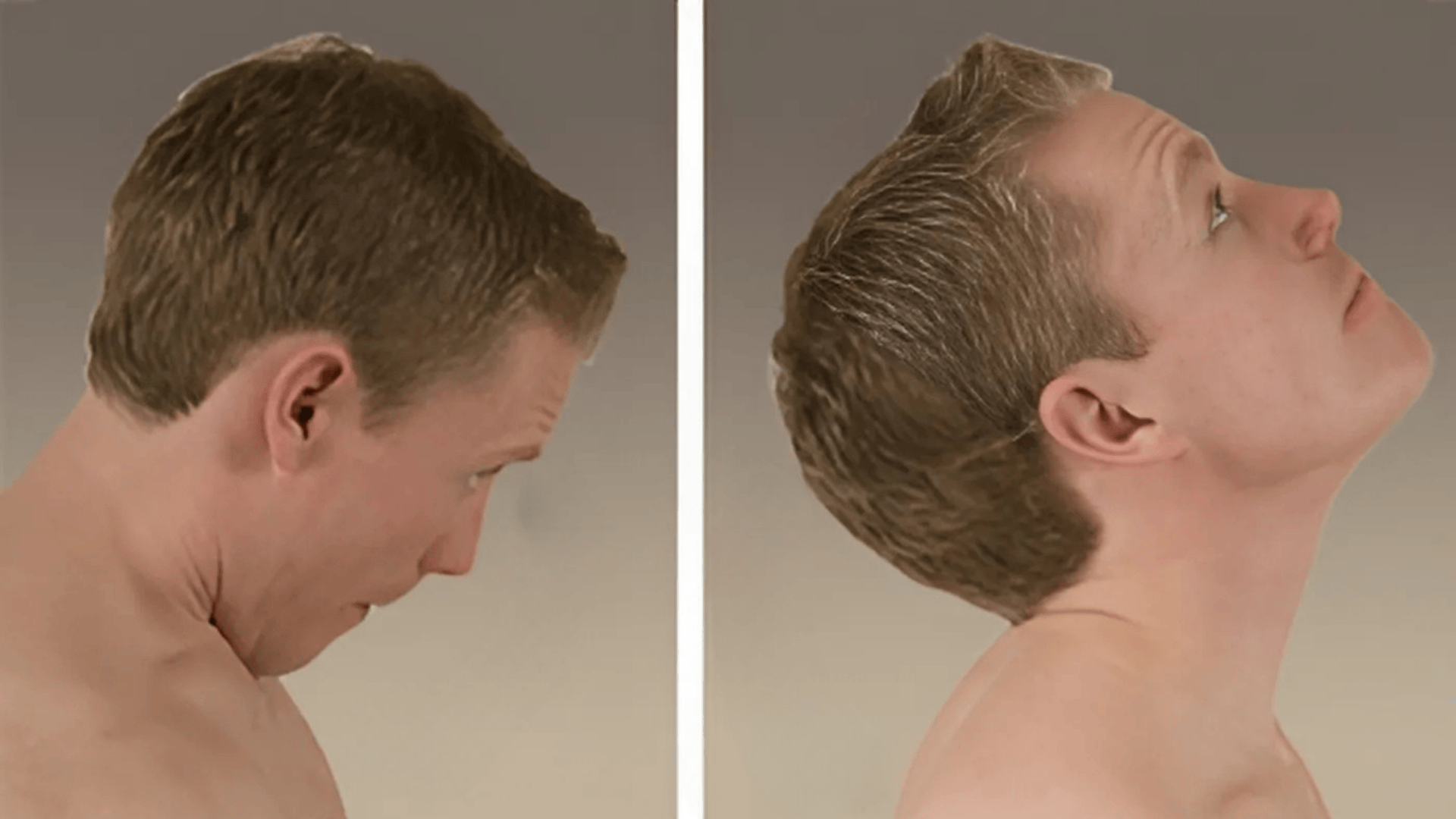 man demonstrating neck flexion and extension stretch in a side by side exercise image for neck mobility