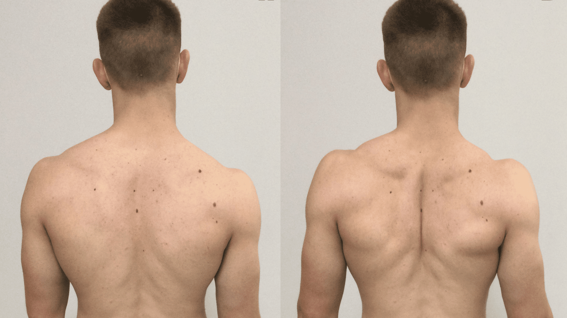 man demonstrating shoulder blade squeeze from rear view with upper back muscles engaged and shoulders relaxed
