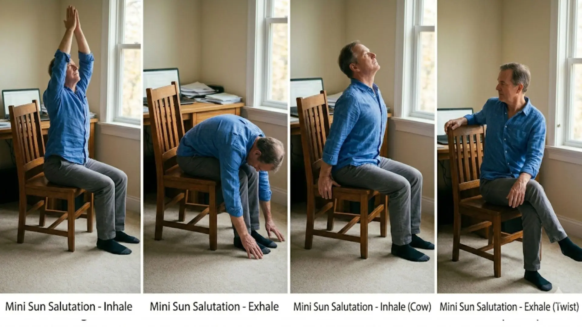 man in a home office demonstrates four sequential seated yoga poses as part of an mini sun salutation sequence