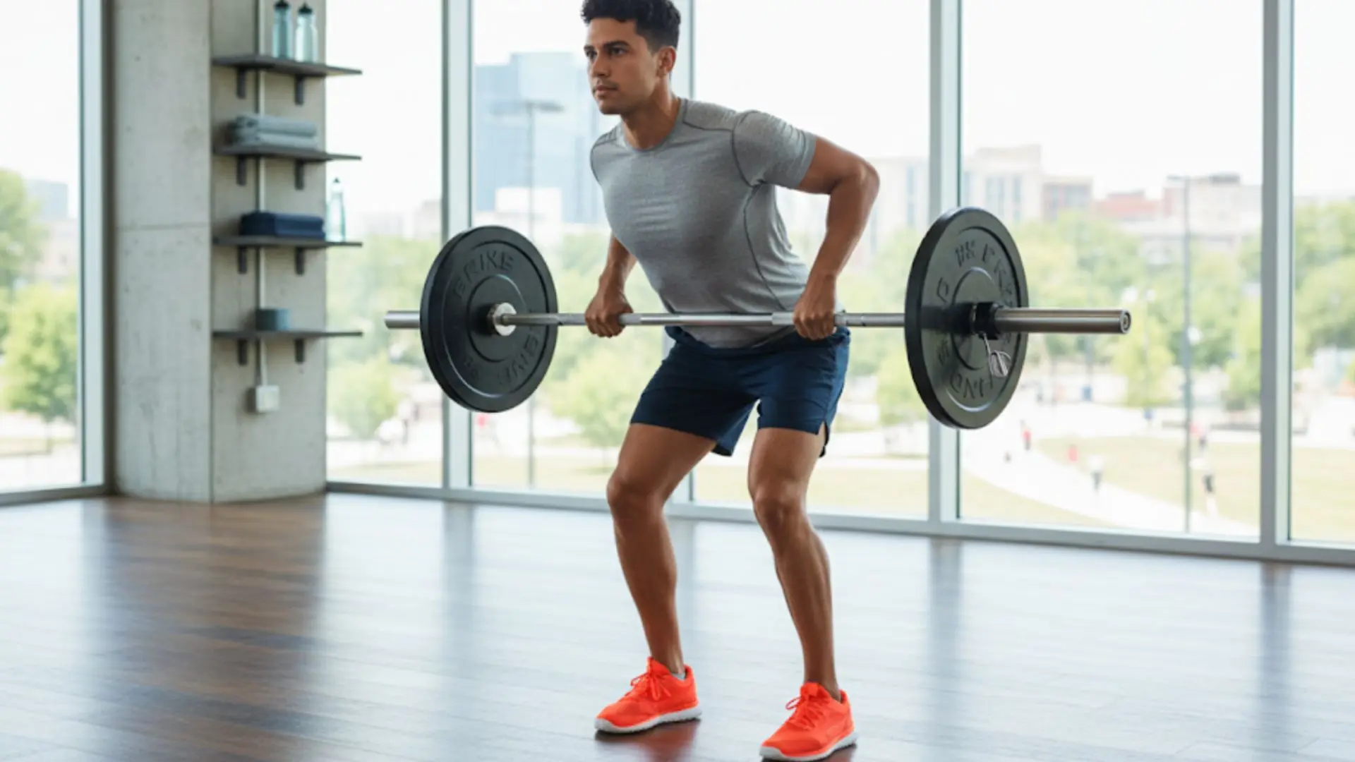 man performing a bent-over barbell row in a gym, pulling the bar toward his lower chest
