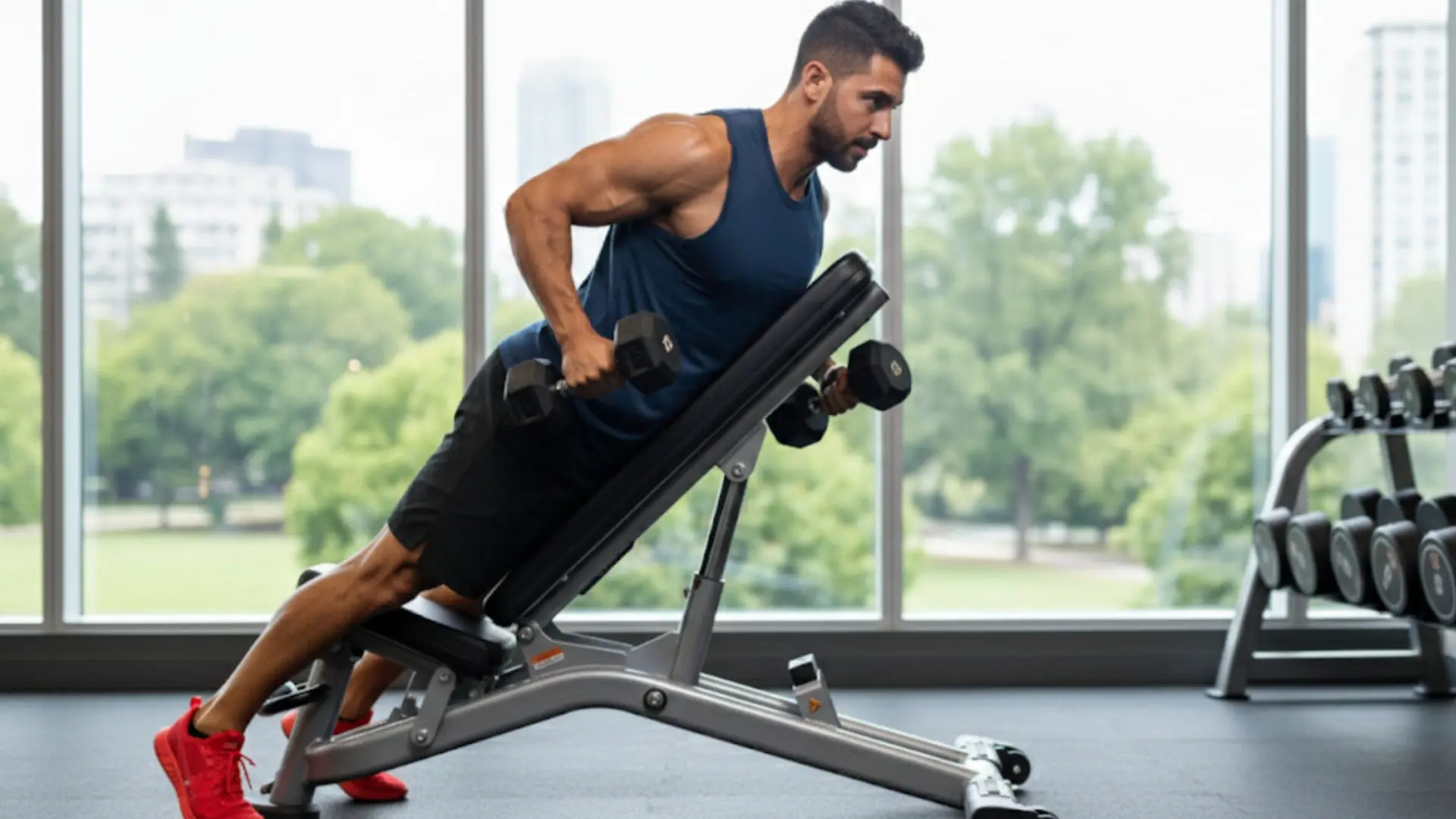 man performing a chest-supported dumbbell row on an incline bench in a bright gym