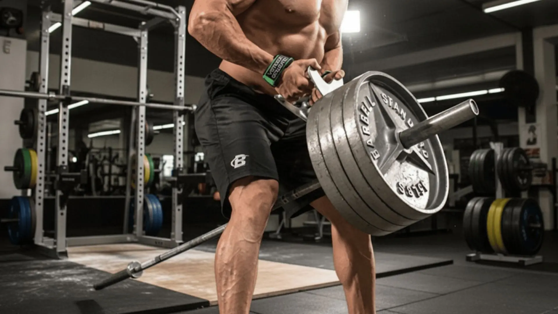 man performing a heavy T-bar row in a gym, pulling loaded plates toward his torso