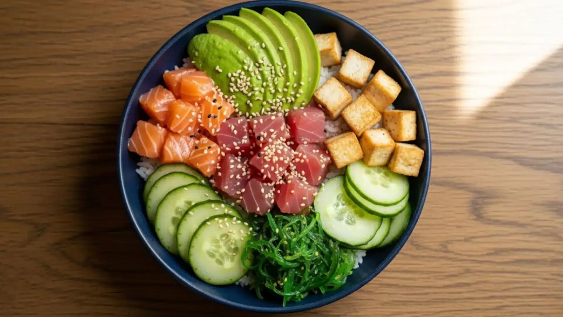 poke bowl with salmon, tuna, tofu, avocado, cucumber, seaweed, sesame seeds, and edamame on a wooden table