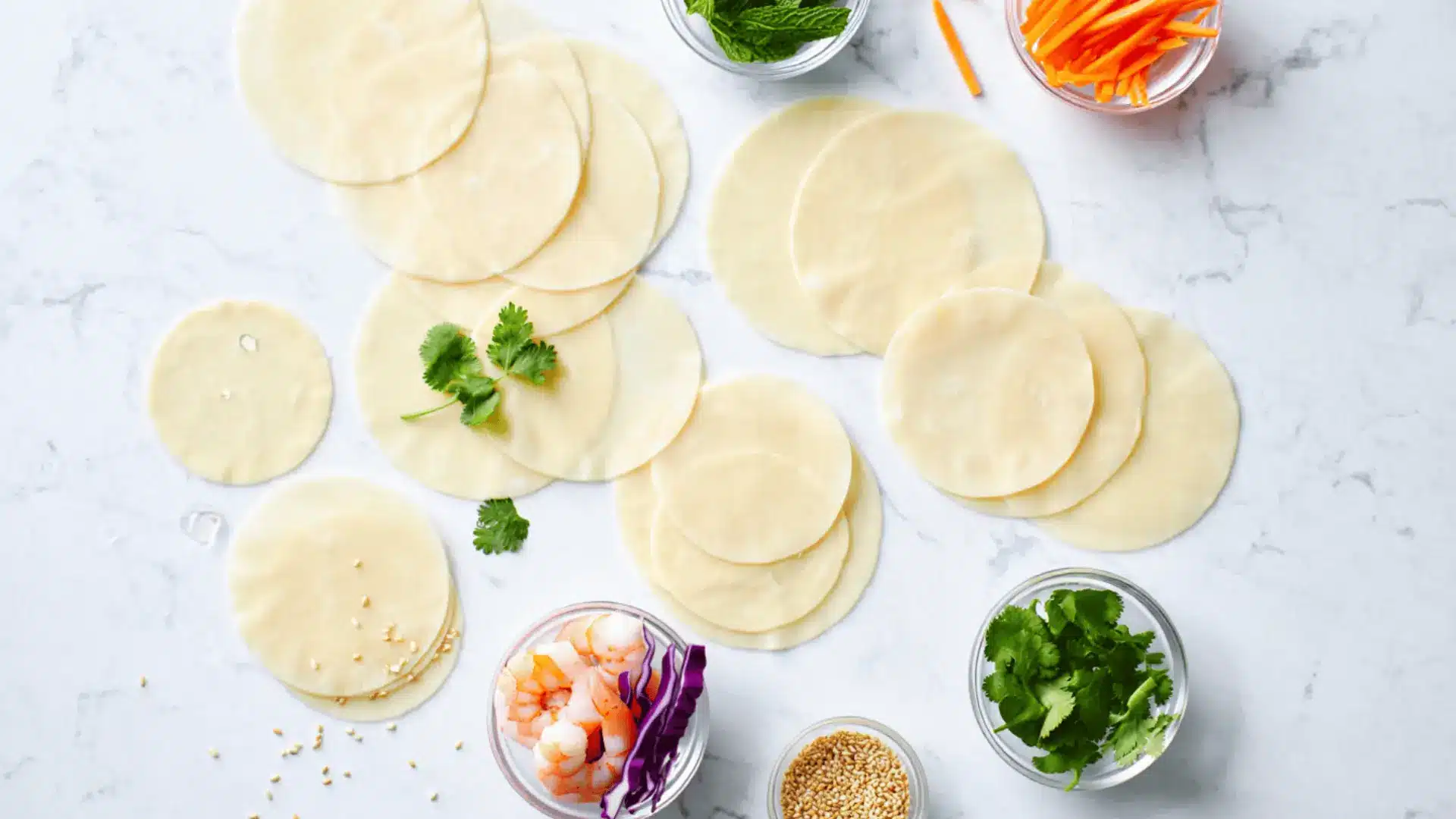 rice paper sheets arranged with shrimp, herbs, carrots, sesame seeds, and vegetables for fresh spring roll preparation